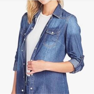 Cavalini Women’s Denim Collection Cotton Bend Blouse Faux Pearl Snap Buttons M